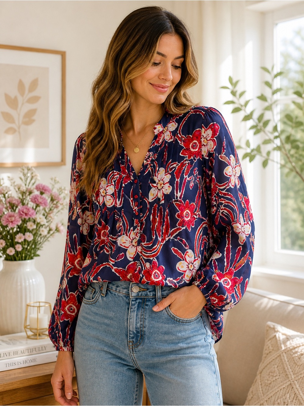 Ann Taylor Navy Floral V-Neck Blouse with Red and Cream Accents